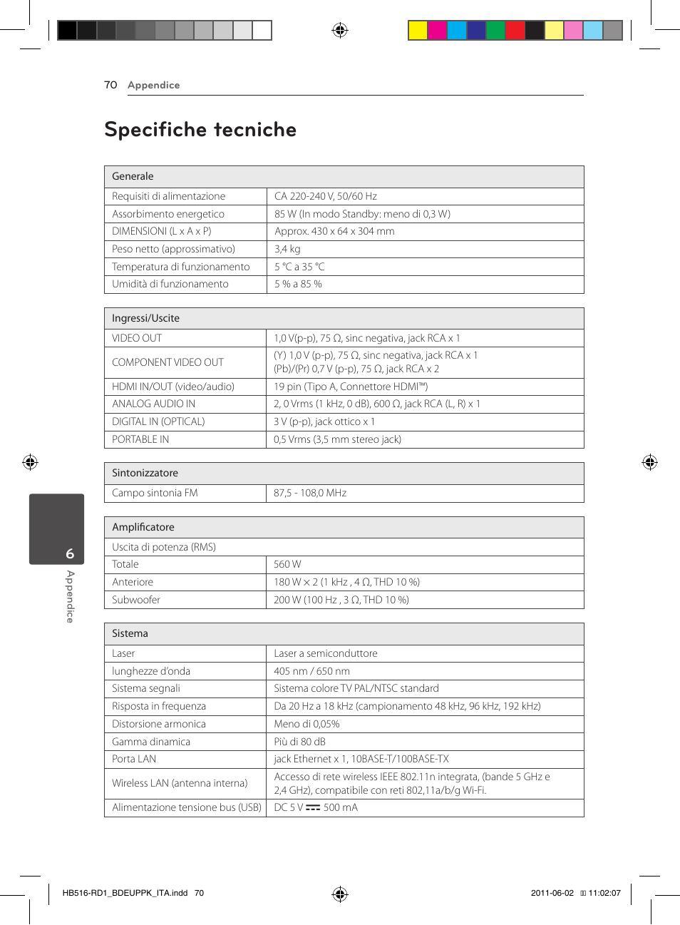 70 specifiche tecniche, Specifiche tecniche | Pioneer BCS-FS515 User Manual | Page 294 / 452