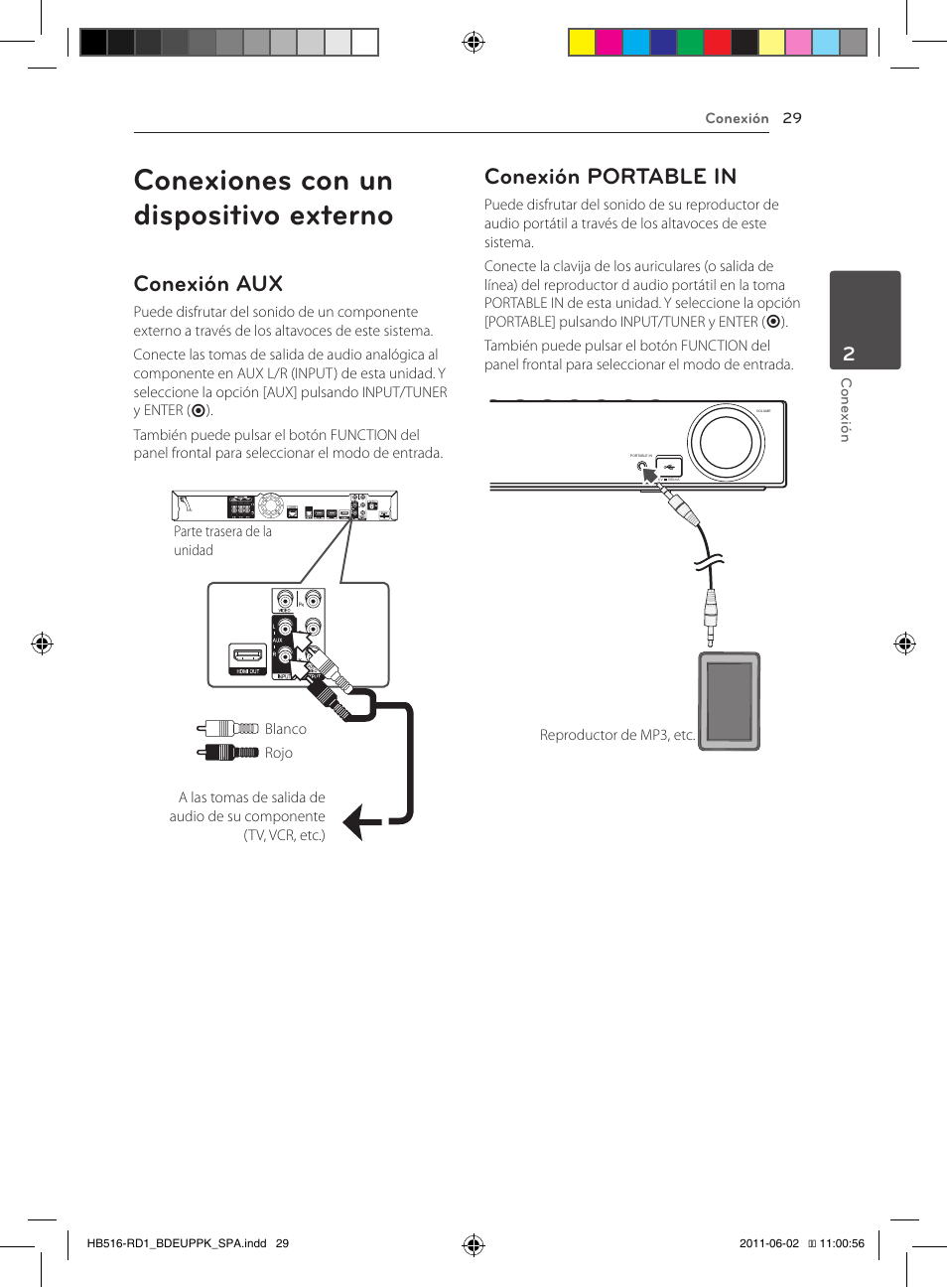 Conexiones con un dispositivo externo, Conexión aux, Conexión portable in | Pioneer BCS-FS515 User Manual | Page 325 / 452