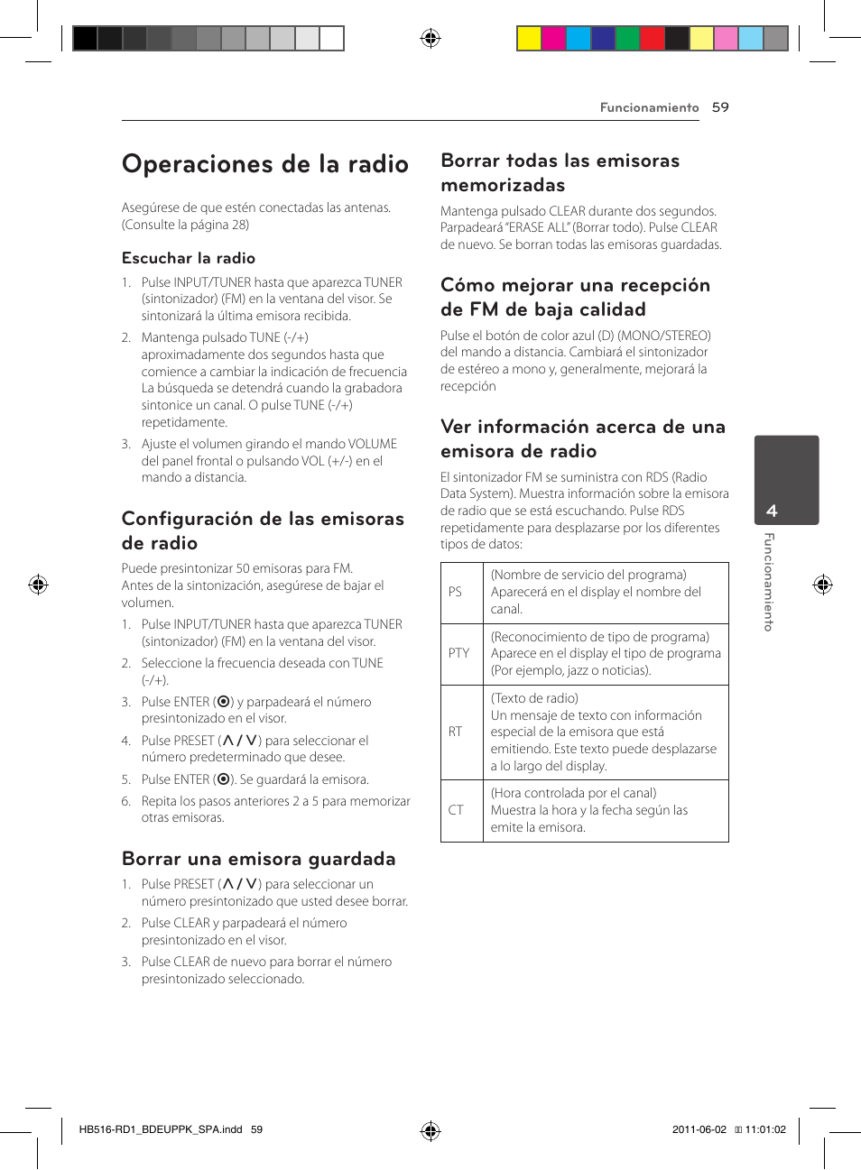 Radio, Memorizadas, 59 – cómo mejorar una recepción de fm | De baja calidad, 59 – ver información acerca de una, Emisora de radio, Operaciones de la radio, Configuración de las emisoras de radio, Borrar una emisora guardada, Cómo mejorar una recepción de fm de baja calidad | Pioneer BCS-FS515 User Manual | Page 355 / 452