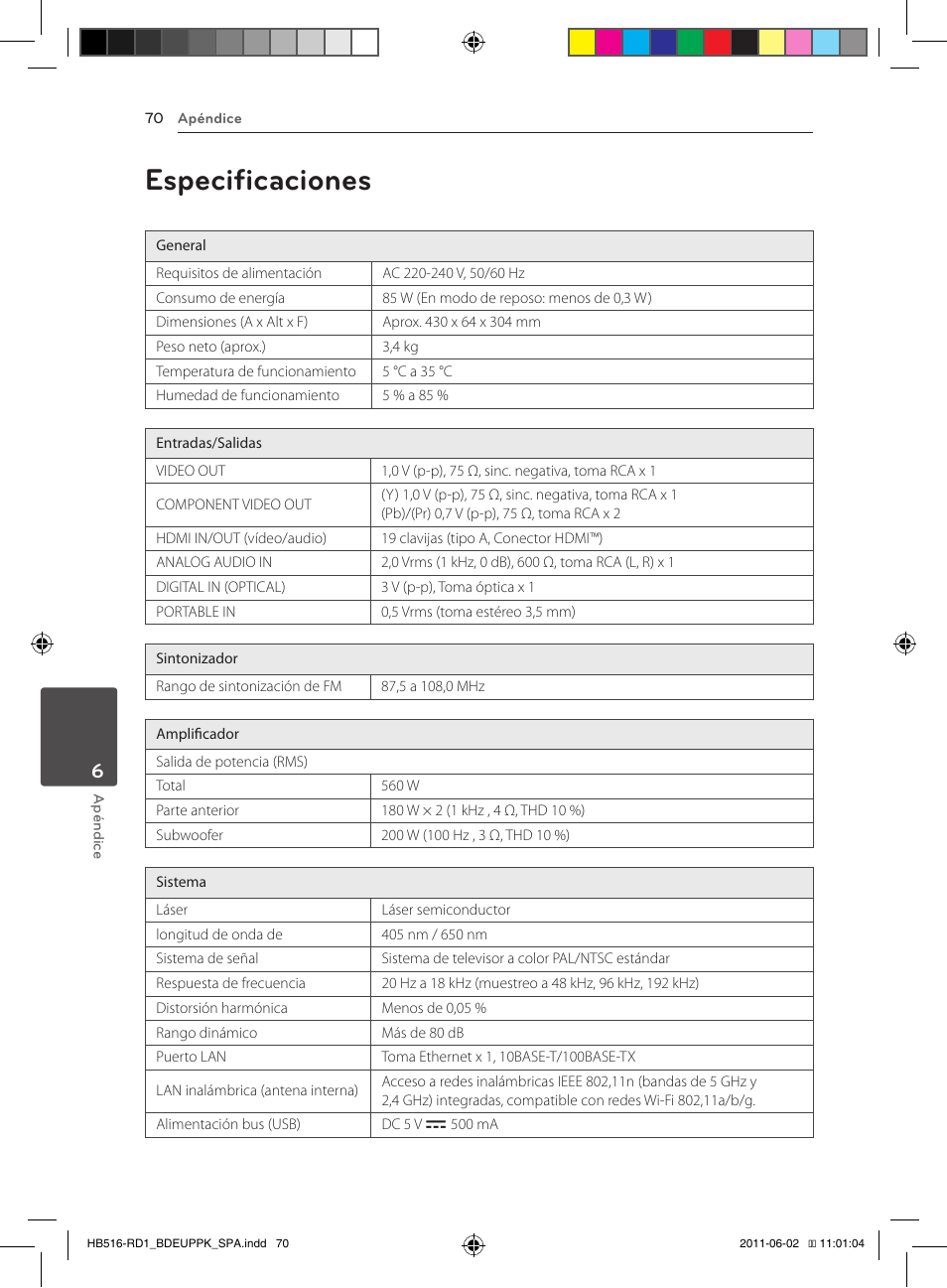 70 especificaciones, Especificaciones | Pioneer BCS-FS515 User Manual | Page 366 / 452