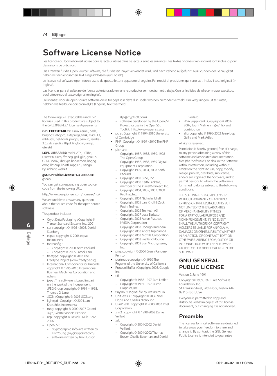 Software license notice, Gnu general public license, Preamble | Bijlage 74 bijlage | Pioneer BCS-FS515 User Manual | Page 442 / 452