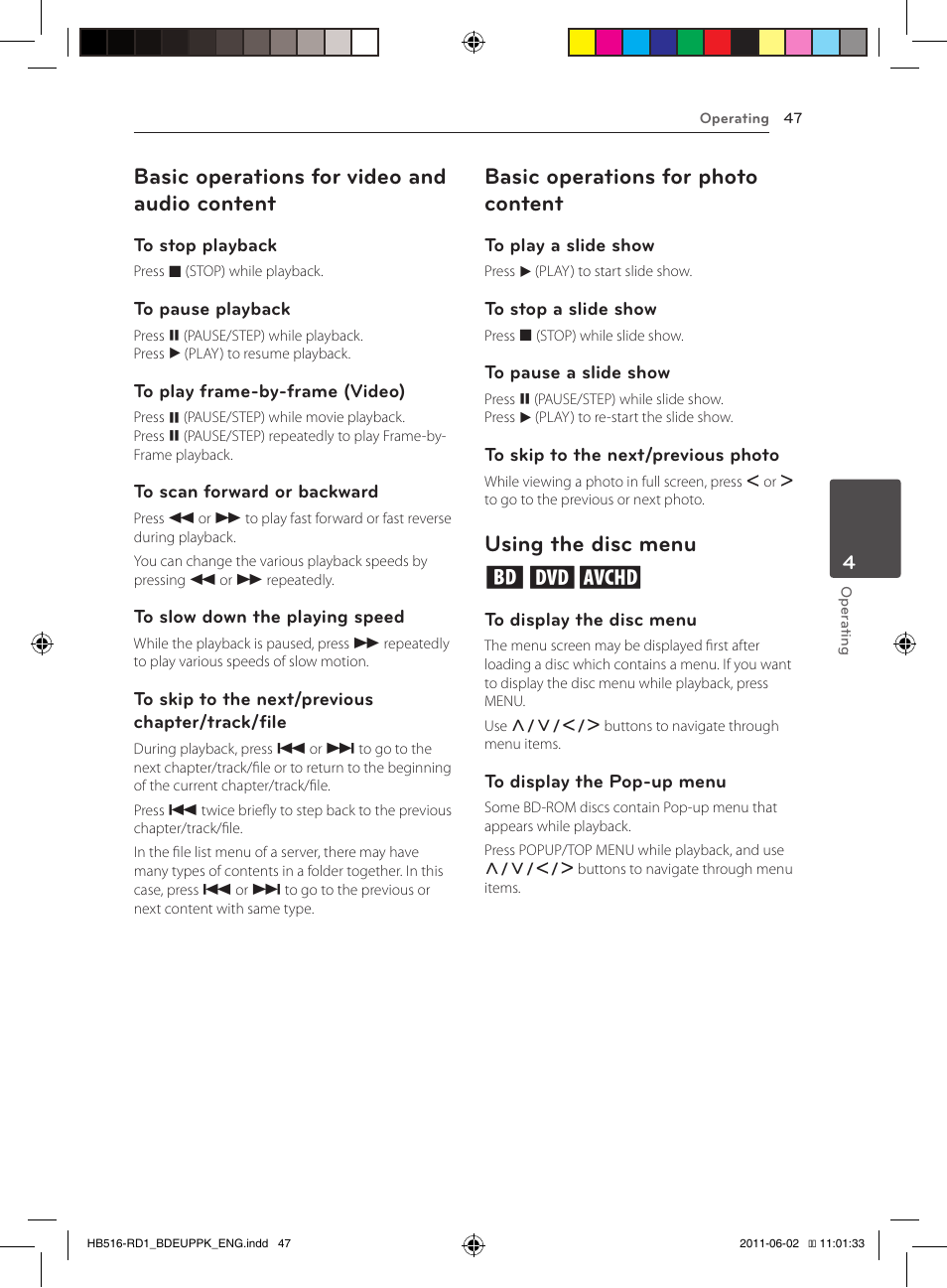 47 – basic operations for video and audio, Content, Basic operations for video and audio content | Basic operations for photo content, Using the disc menu ero | Pioneer BCS-FS515 User Manual | Page 47 / 452