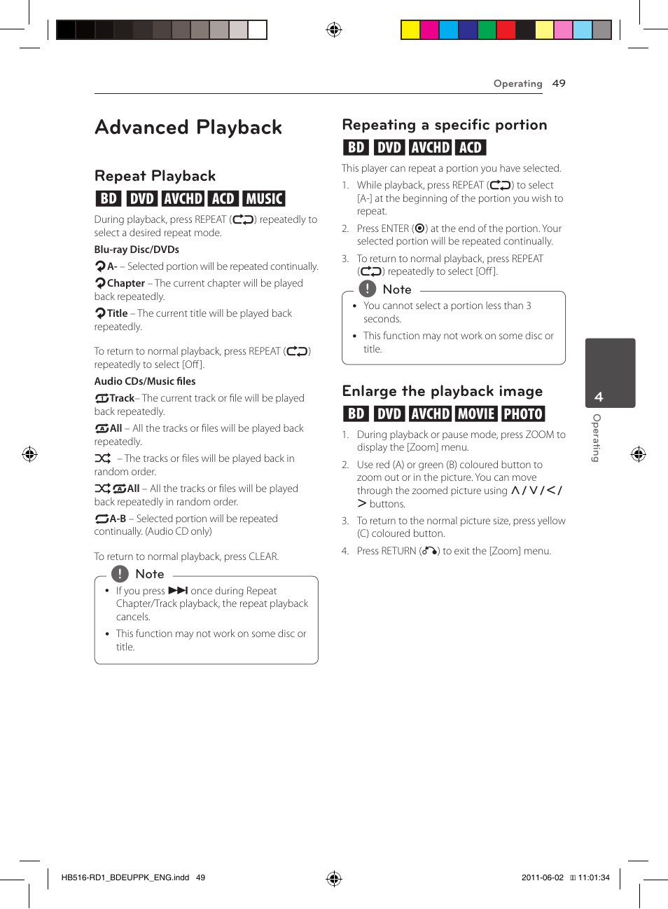49 – enlarge the playback image, Advanced playback, Repeat playback erotu | Repeating a specific portion erot, Enlarge the playback image eroyi | Pioneer BCS-FS515 User Manual | Page 49 / 452