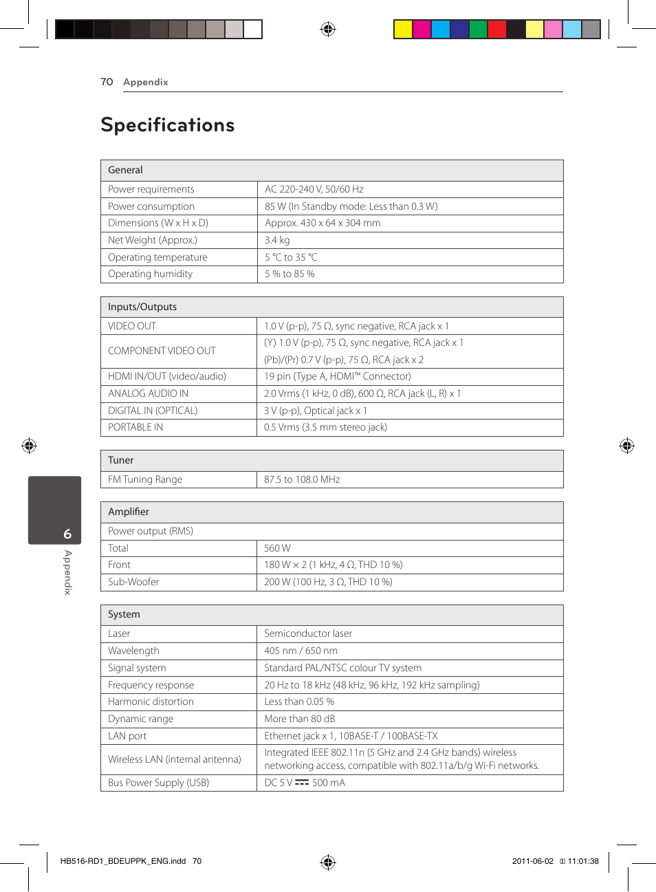 70 specifications, Specifications | Pioneer BCS-FS515 User Manual | Page 70 / 452