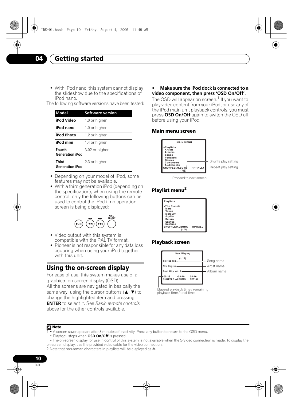 Using the on-screen display, Getting started 04, Main menu screen playlist menu | Playback screen | Pioneer IDK-01 User Manual | Page 10 / 62