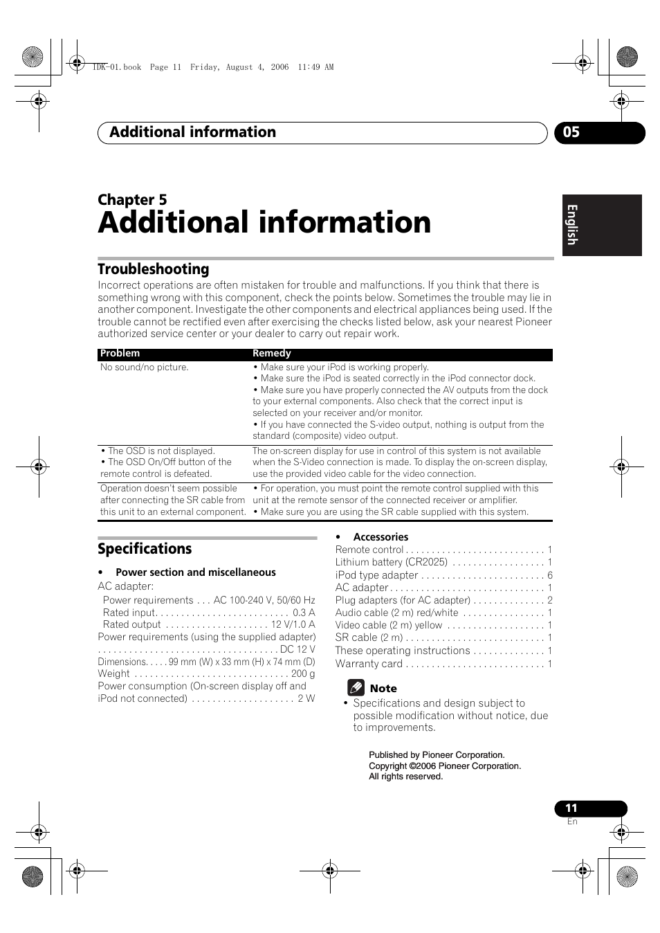 05 additional information, Troubleshooting, Specifications | Additional information, Additional information 05, Chapter 5 | Pioneer IDK-01 User Manual | Page 11 / 62