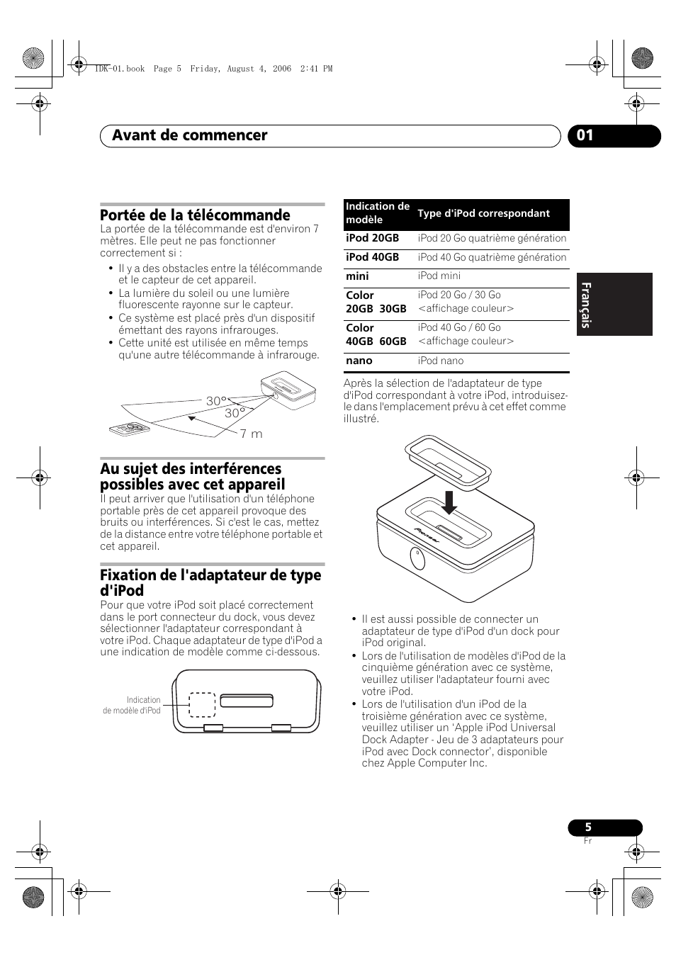 Portée de la télécommande, Fixation de l'adaptateur de type d'ipod, Avant de commencer 01 | Pioneer IDK-01 User Manual | Page 15 / 62