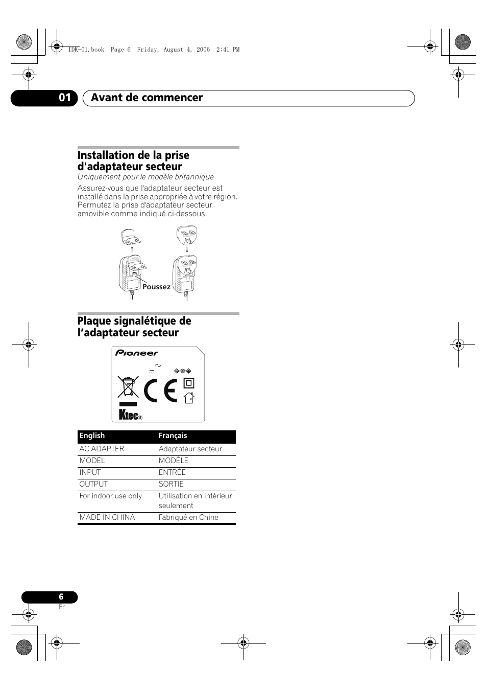 Installation de la prise d'adaptateur secteur, Avant de commencer 01, Plaque signalétique de l’adaptateur secteur | Pioneer IDK-01 User Manual | Page 16 / 62