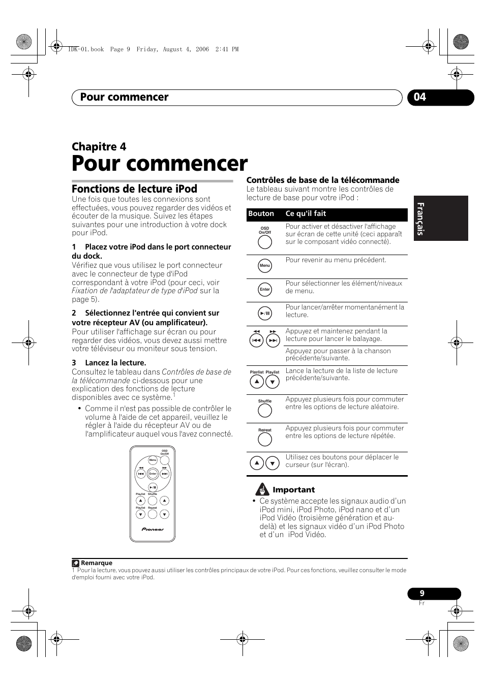 04 pour commencer, Fonctions de lecture ipod, Pour commencer | Pour commencer 04, Chapitre 4, Contrôles de base de la télécommande | Pioneer IDK-01 User Manual | Page 19 / 62