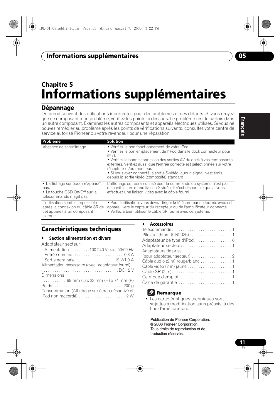 05 informations supplémentaires, Dépannage, Caractéristiques techniques | Informations supplémentaires, Informations supplémentaires 05, Chapitre 5 | Pioneer IDK-01 User Manual | Page 21 / 62