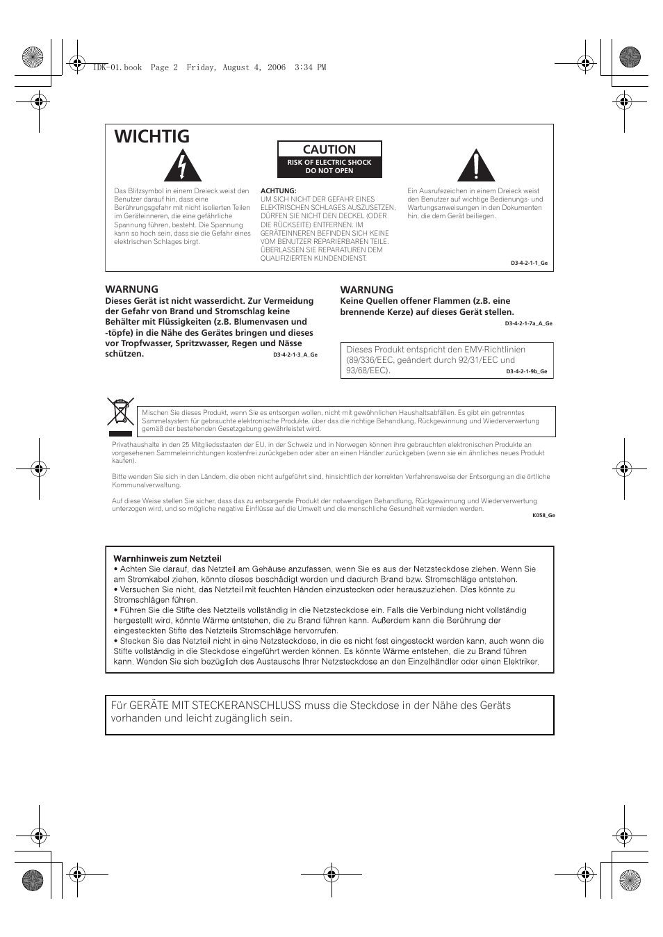 Wichtig, Caution | Pioneer IDK-01 User Manual | Page 22 / 62