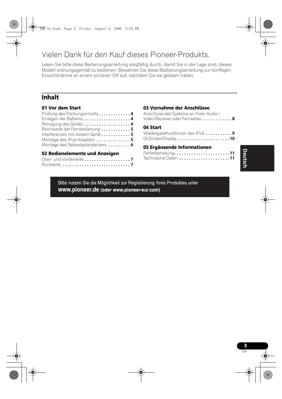 Vielen dank für den kauf dieses pioneer-produkts, Inhalt | Pioneer IDK-01 User Manual | Page 23 / 62