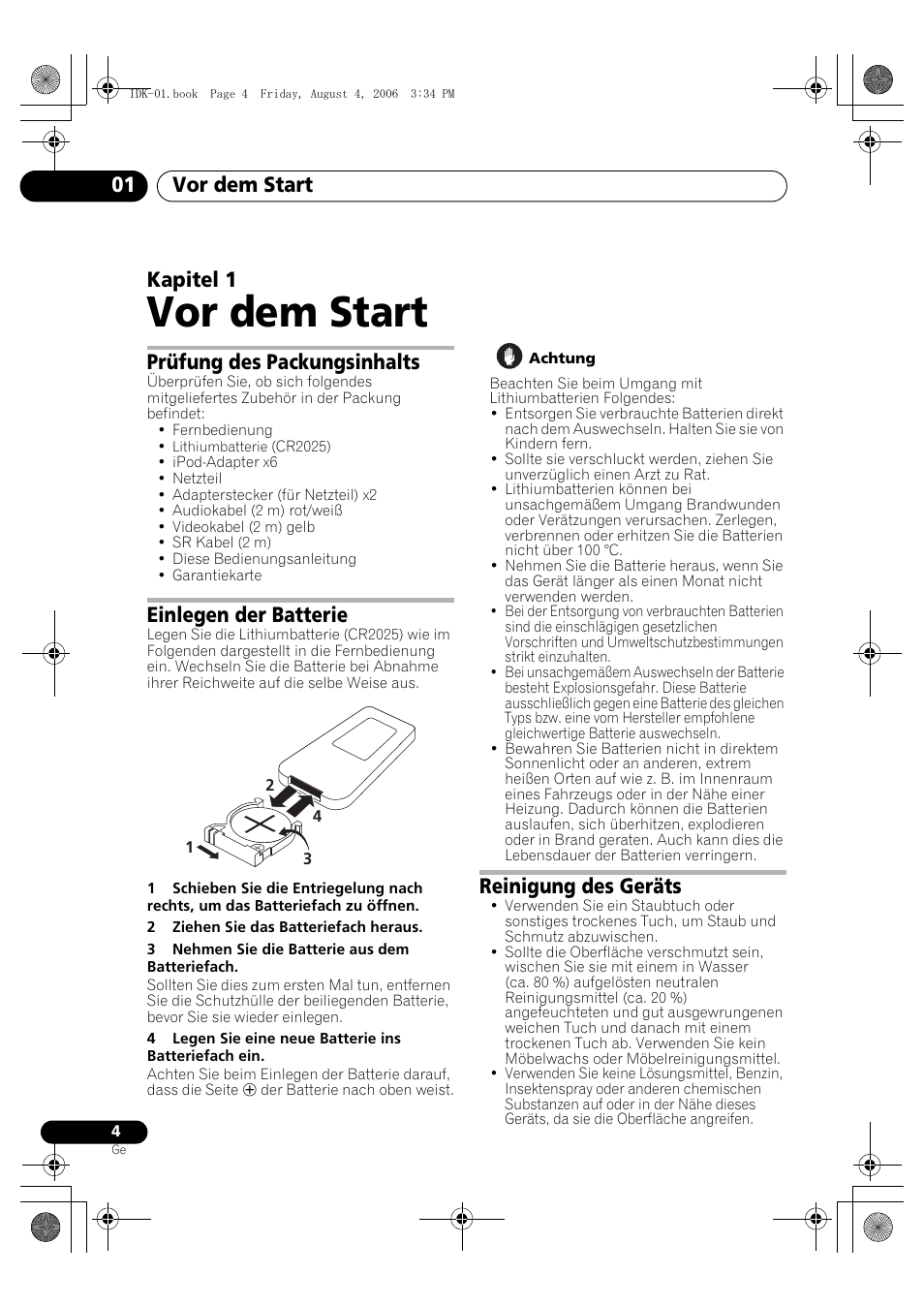 01 vor dem start, Prüfung des packungsinhalts, Einlegen der batterie | Reinigung des geräts, Vor dem start, Vor dem start 01, Kapitel 1 | Pioneer IDK-01 User Manual | Page 24 / 62