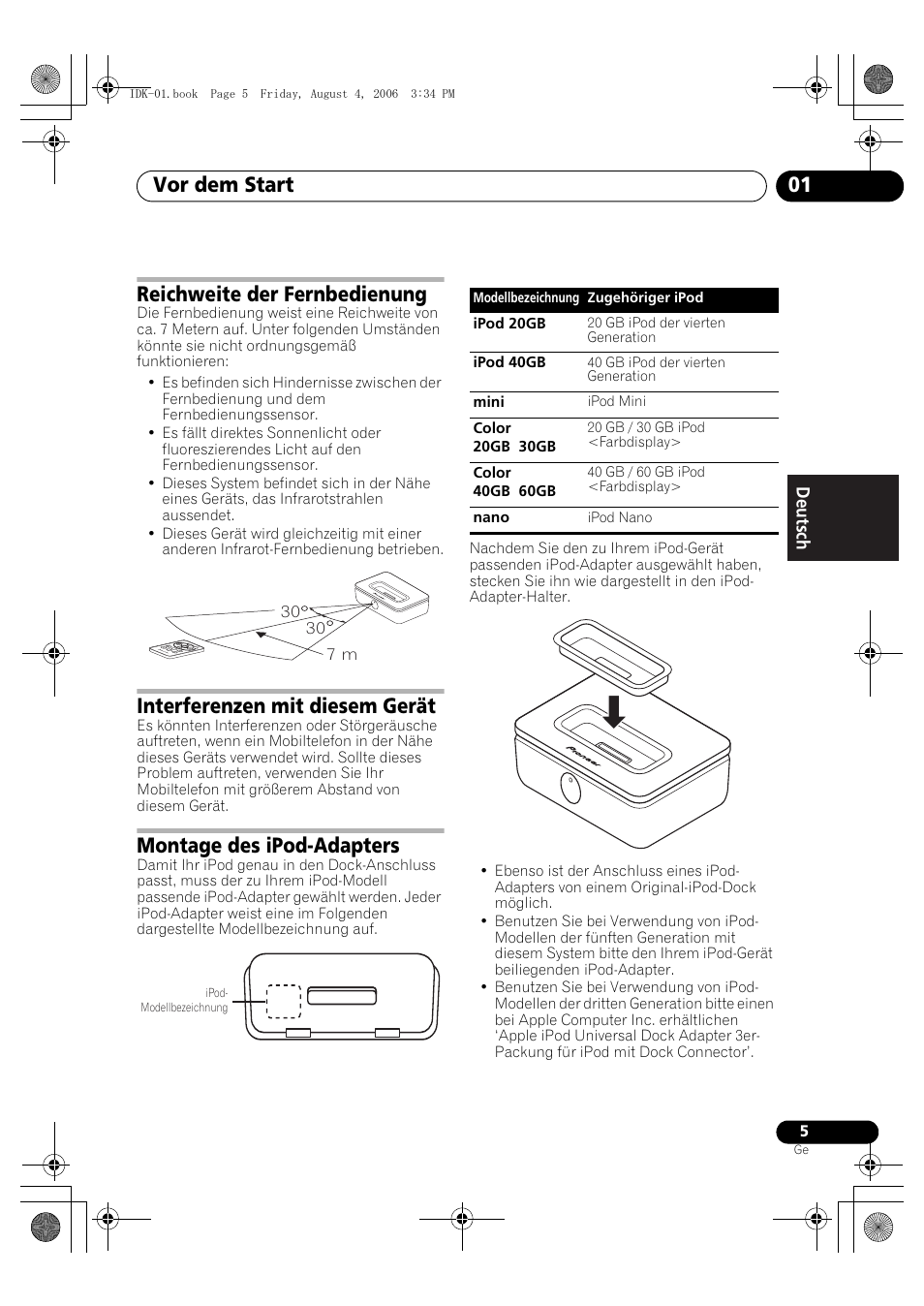 Reichweite der fernbedienung, Interferenzen mit diesem gerät, Montage des ipod-adapters | Vor dem start 01 | Pioneer IDK-01 User Manual | Page 25 / 62