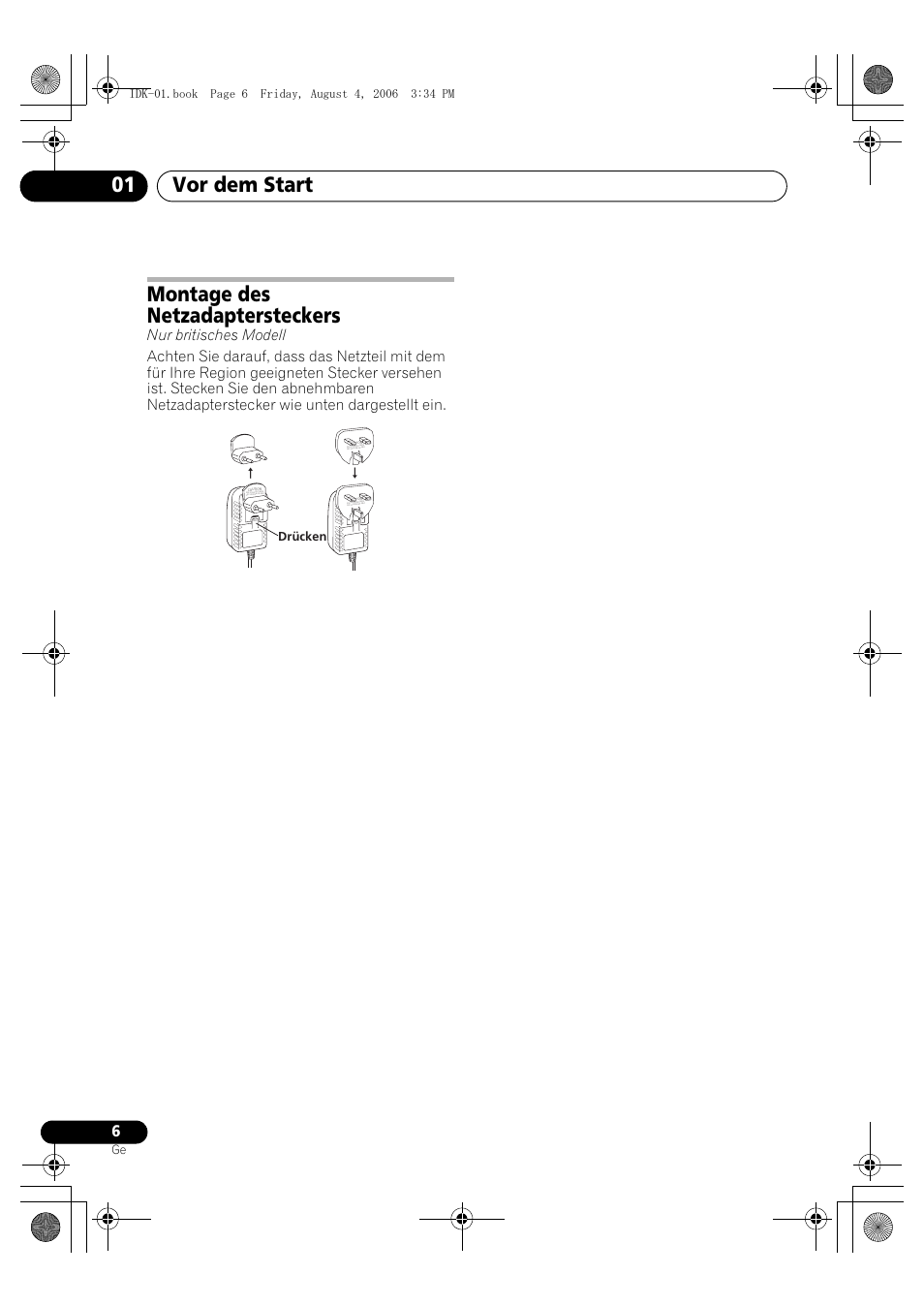 Montage des netzadaptersteckers, Vor dem start 01 | Pioneer IDK-01 User Manual | Page 26 / 62