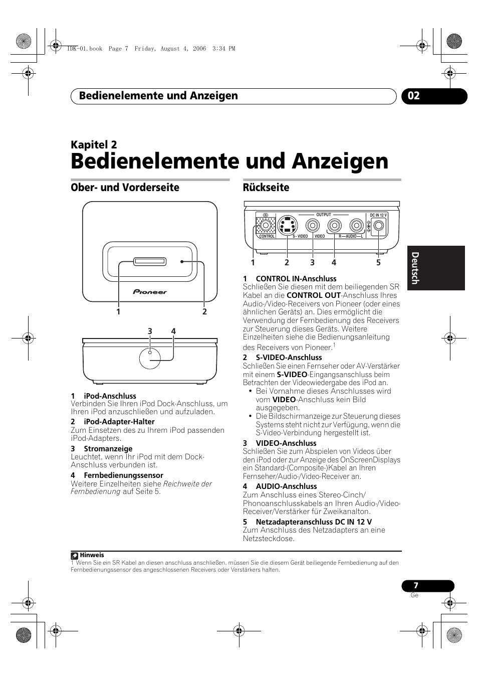 02 bedienelemente und anzeigen, Ober- und vorderseite, Rückseite | Bedienelemente und anzeigen, Bedienelemente und anzeigen 02, Kapitel 2 | Pioneer IDK-01 User Manual | Page 27 / 62