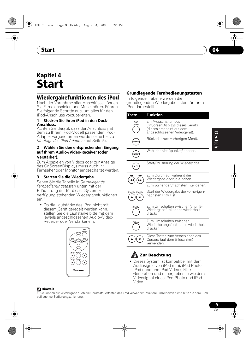 04 start, Wiedergabefunktionen des ipod, Start | Start 04, Kapitel 4, Grundlegende fernbedienungstasten | Pioneer IDK-01 User Manual | Page 29 / 62