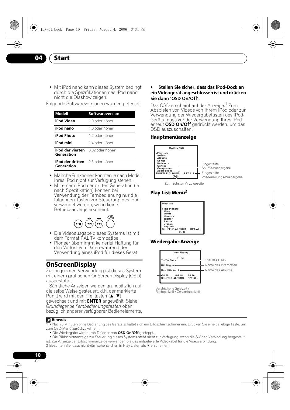 Onscreendisplay, Start 04, Hauptmenüanzeige play list-menü | Wiedergabe-anzeige | Pioneer IDK-01 User Manual | Page 30 / 62