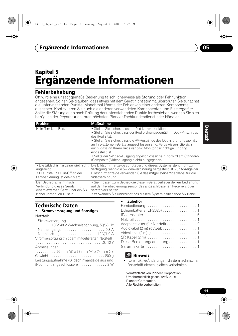 05 ergänzende informationen, Fehlerbehebung, Technische daten | Ergänzende informationen, Ergänzende informationen 05, Kapitel 5 | Pioneer IDK-01 User Manual | Page 31 / 62