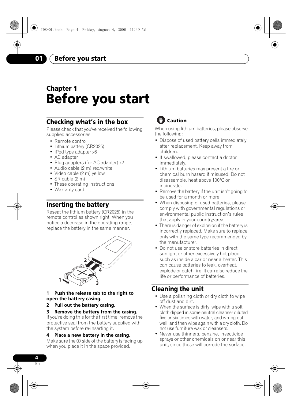 01 before you start, Checking what’s in the box, Inserting the battery | Cleaning the unit, Before you start, Before you start 01, Chapter 1 | Pioneer IDK-01 User Manual | Page 4 / 62