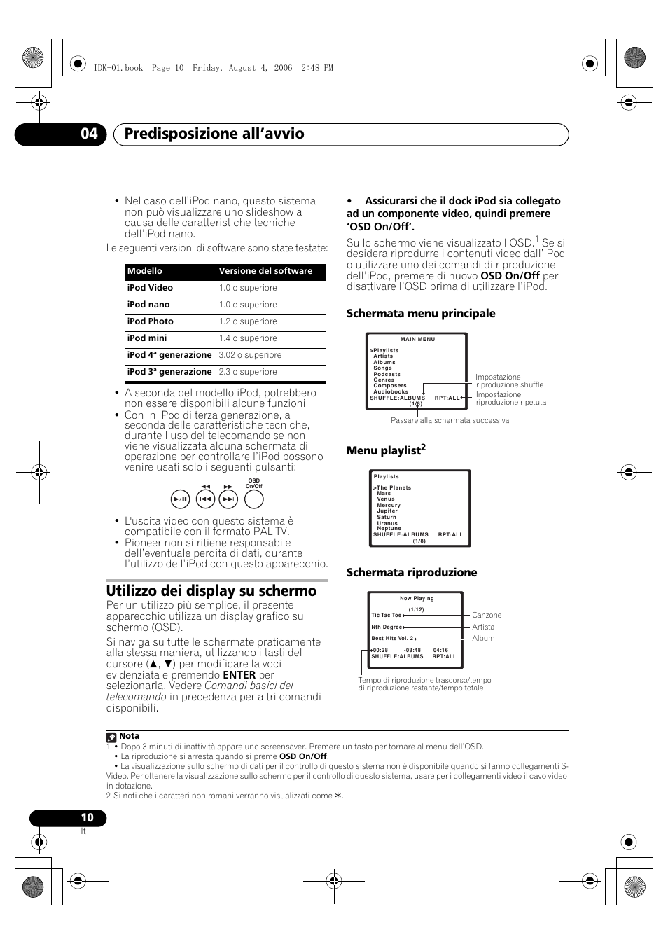 Utilizzo dei display su schermo, Predisposizione all’avvio 04, Schermata menu principale menu playlist | Schermata riproduzione | Pioneer IDK-01 User Manual | Page 40 / 62