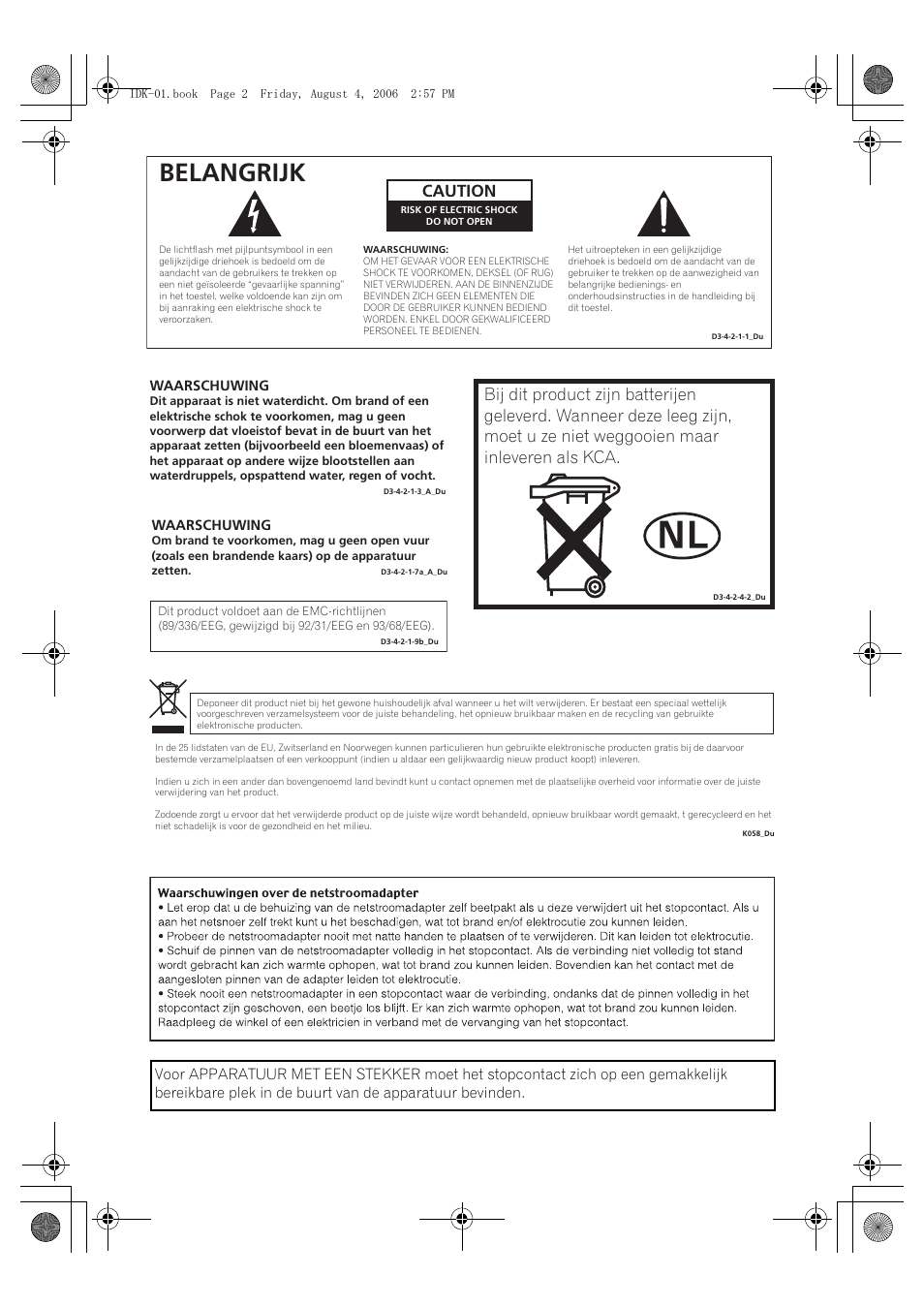 Belangrijk, Caution | Pioneer IDK-01 User Manual | Page 42 / 62