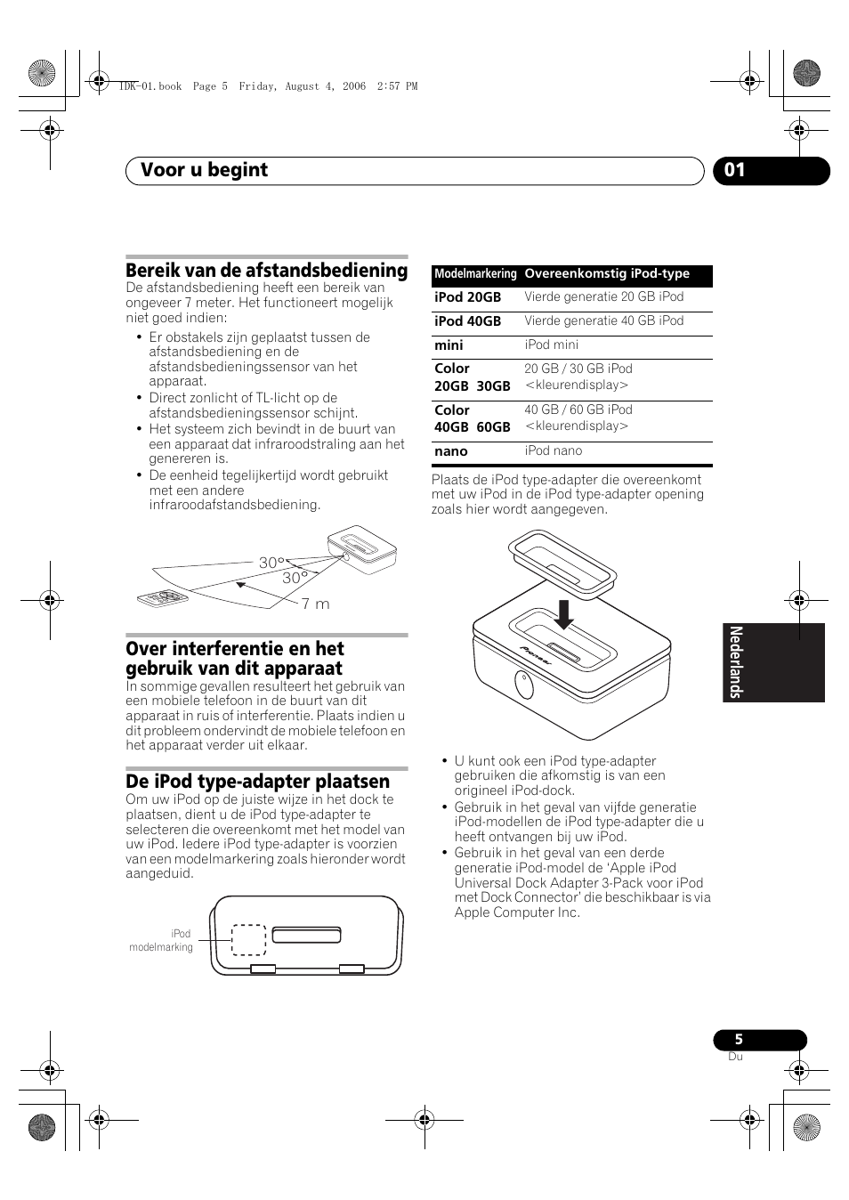 Bereik van de afstandsbediening, Over interferentie en het gebruik van dit apparaat, De ipod type-adapter plaatsen | Voor u begint 01 | Pioneer IDK-01 User Manual | Page 45 / 62