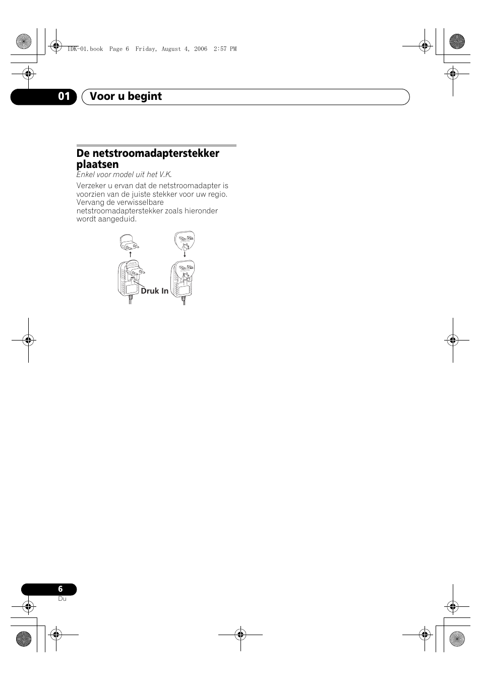 De netstroomadapterstekker plaatsen, Voor u begint 01, Druk in | Pioneer IDK-01 User Manual | Page 46 / 62