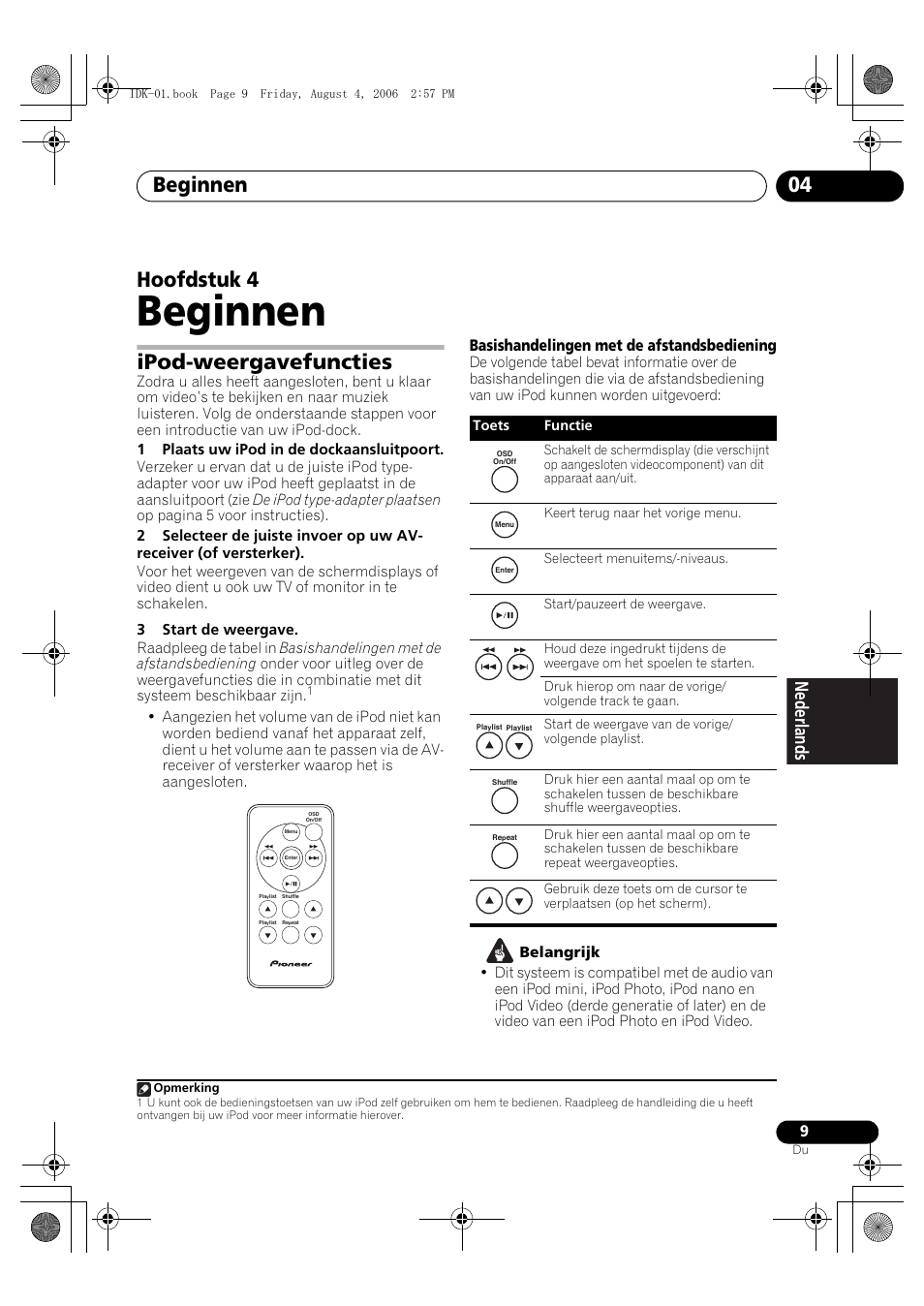 04 beginnen, Ipod-weergavefuncties, Beginnen | Beginnen 04, Hoofdstuk 4, Basishandelingen met de afstandsbediening | Pioneer IDK-01 User Manual | Page 49 / 62