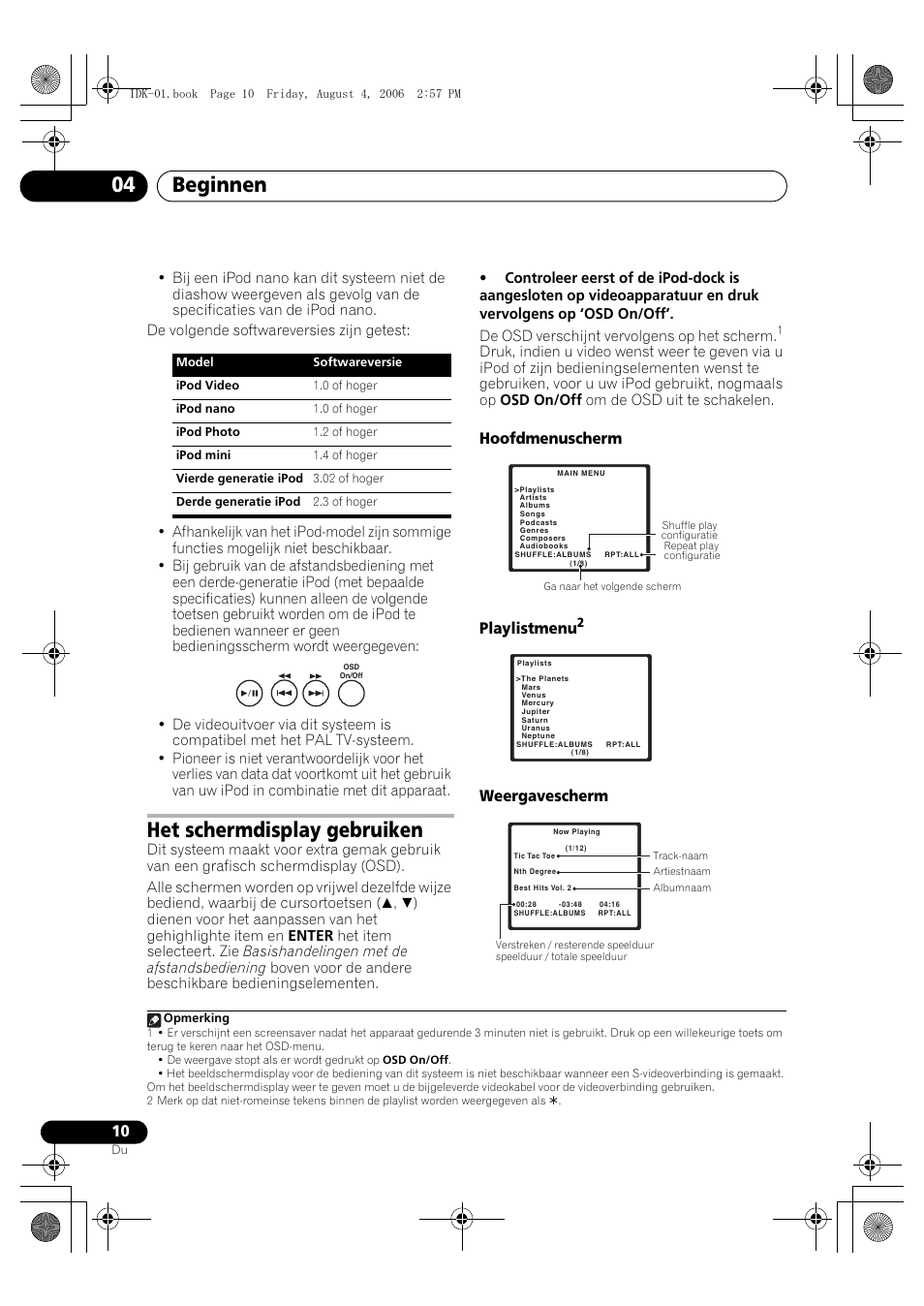 Het schermdisplay gebruiken, Beginnen 04, Hoofdmenuscherm playlistmenu | Weergavescherm | Pioneer IDK-01 User Manual | Page 50 / 62