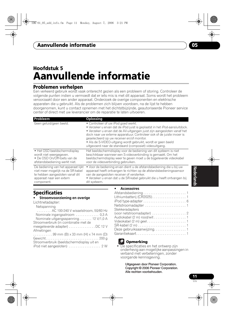 05 aanvullende informatie, Problemen verhelpen, Specificaties | Aanvullende informatie, Aanvullende informatie 05, Hoofdstuk 5 | Pioneer IDK-01 User Manual | Page 51 / 62