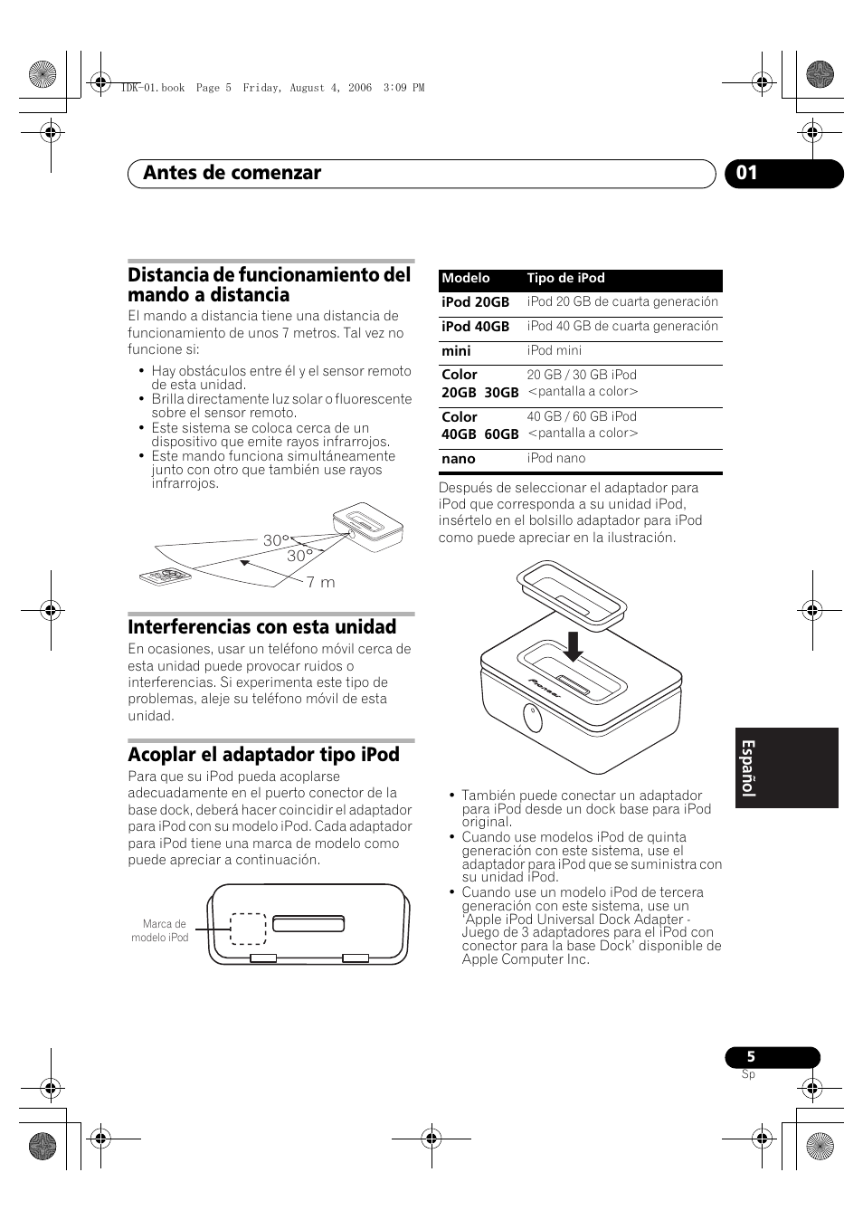 Distancia de funcionamiento del mando a distancia, Interferencias con esta unidad, Acoplar el adaptador tipo ipod | Antes de comenzar 01 | Pioneer IDK-01 User Manual | Page 55 / 62