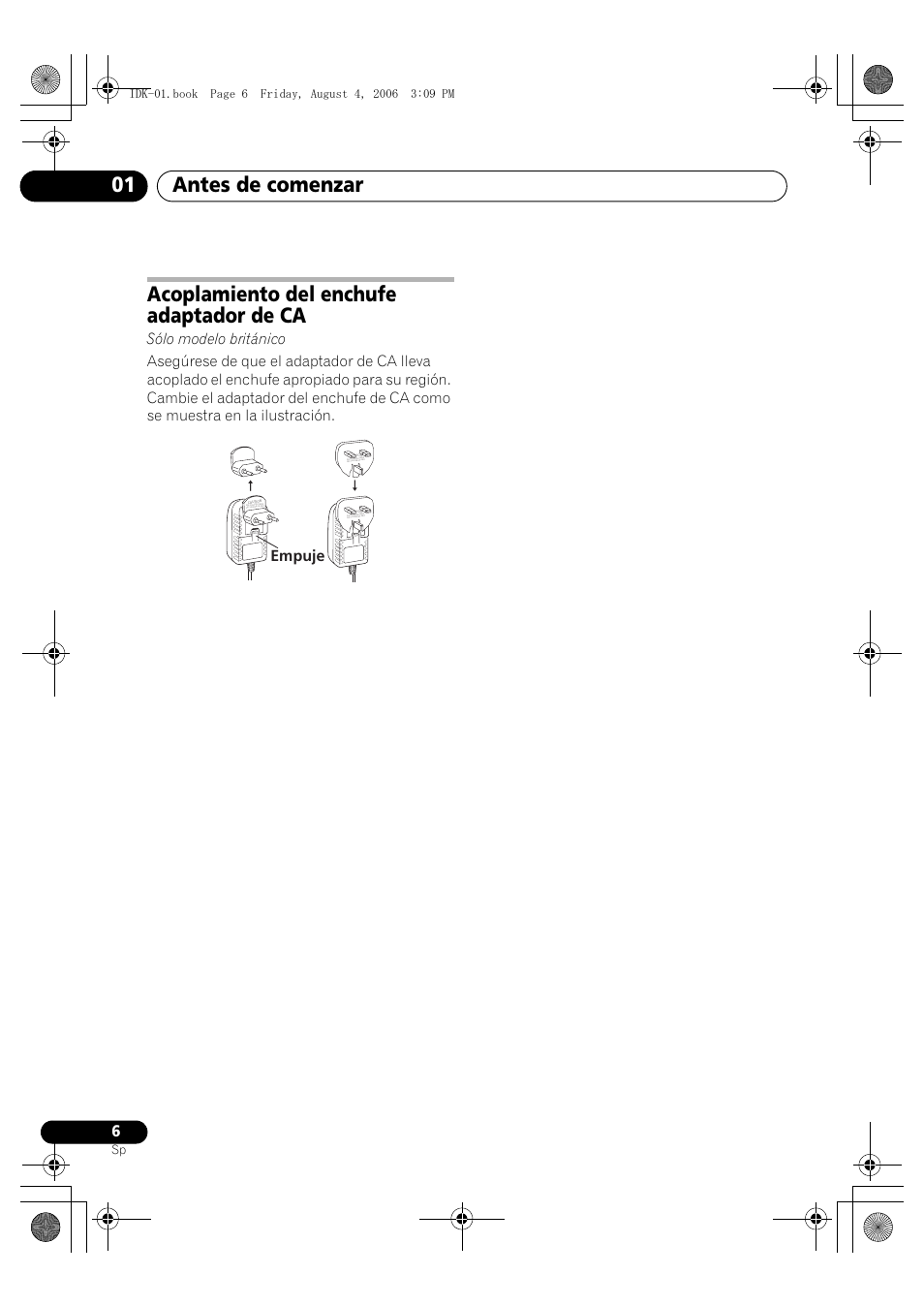 Acoplamiento del enchufe adaptador de ca, Antes de comenzar 01, Empuje | Pioneer IDK-01 User Manual | Page 56 / 62