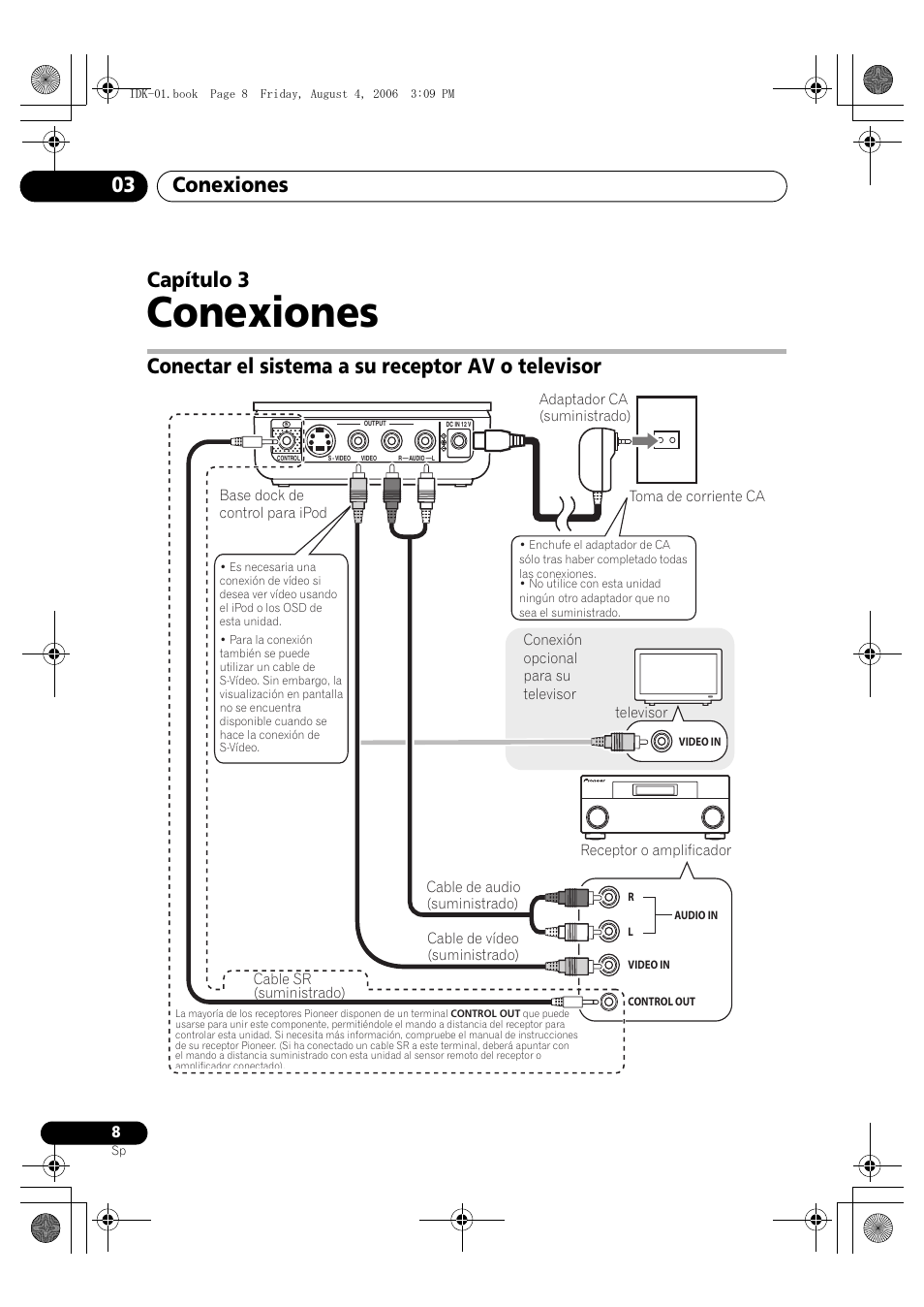 03 conexiones, Conectar el sistema a su receptor av o televisor, Conexiones | Conexiones 03, Capítulo 3 | Pioneer IDK-01 User Manual | Page 58 / 62