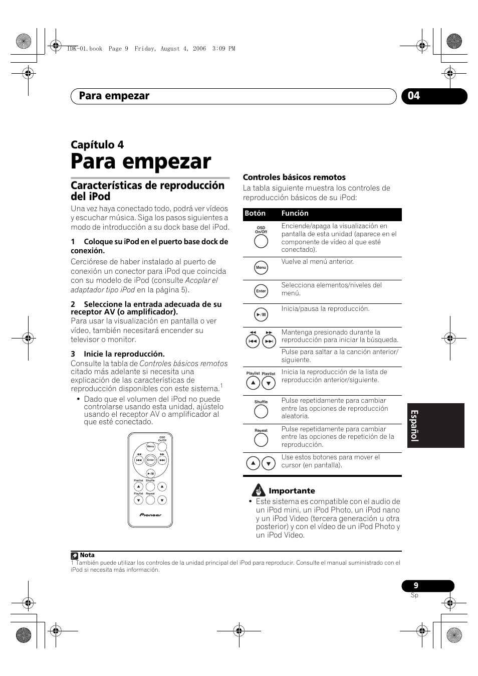 04 para empezar, Características de reproducción del ipod, Para empezar | Para empezar 04, Capítulo 4, Controles básicos remotos | Pioneer IDK-01 User Manual | Page 59 / 62