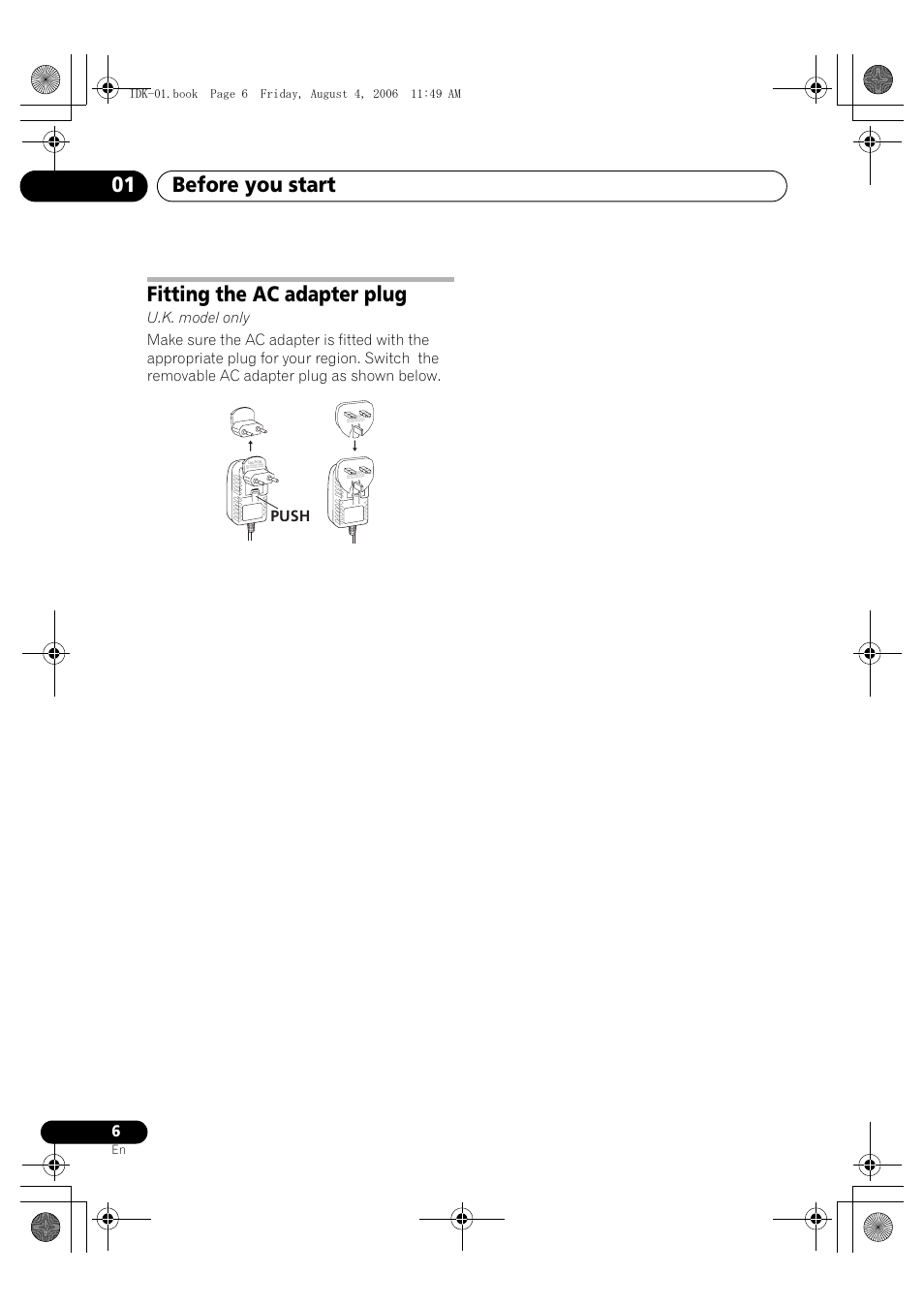 Fitting the ac adapter plug, Before you start 01, Push | Pioneer IDK-01 User Manual | Page 6 / 62