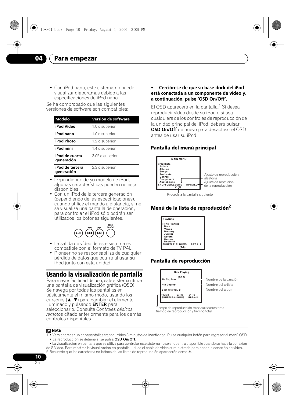 Usando la visualización de pantalla, Para empezar 04, Pantalla de reproducción | Pioneer IDK-01 User Manual | Page 60 / 62