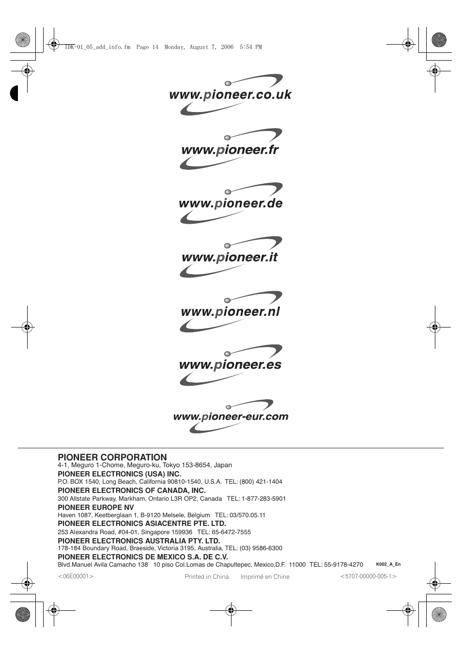 Información adicional 05, Pioneer corporation | Pioneer IDK-01 User Manual | Page 62 / 62