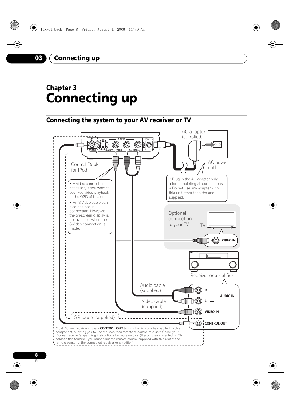 03 connecting up, Connecting the system to your av receiver or tv, Connecting up | Connecting up 03, Chapter 3 | Pioneer IDK-01 User Manual | Page 8 / 62