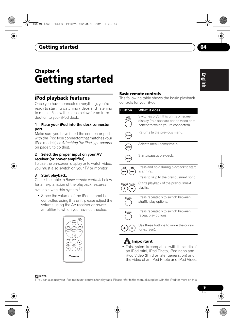 04 getting started, Ipod playback features, Getting started | Getting started 04, Chapter 4, Basic remote controls | Pioneer IDK-01 User Manual | Page 9 / 62