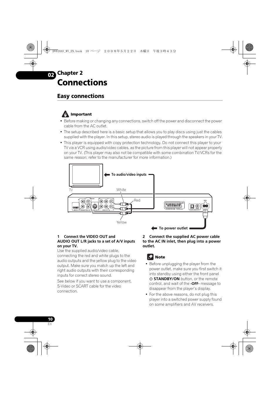 Easy connections, Connections, Chapter 2 | Pioneer DV-610AV-S User Manual | Page 10 / 62