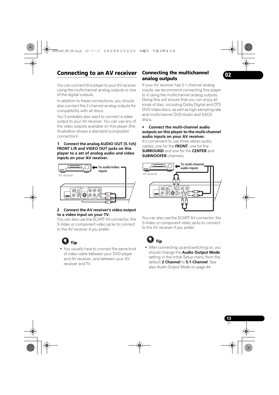 Connecting to an av receiver, Connecting the multichannel analog outputs | Pioneer DV-610AV-S User Manual | Page 13 / 62
