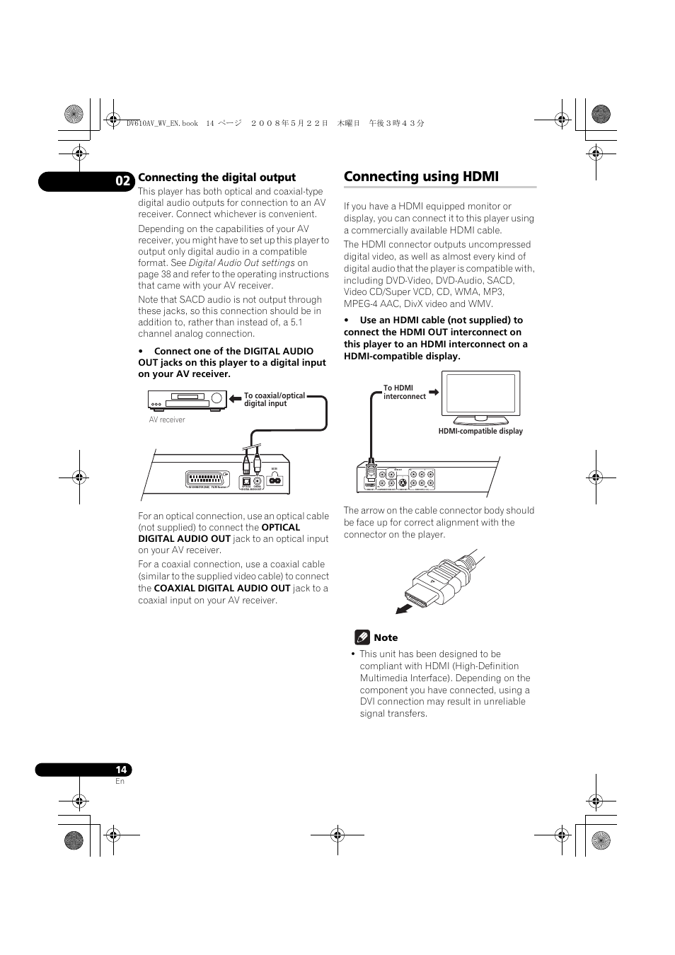 Connecting using hdmi, Connecting the digital output | Pioneer DV-610AV-S User Manual | Page 14 / 62