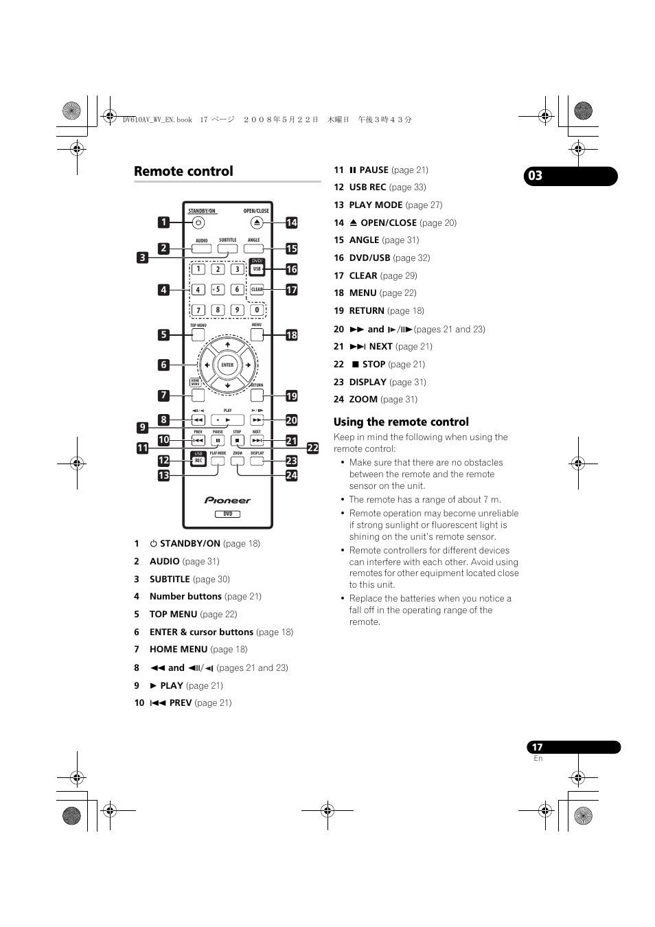 Remote control, Using the remote control | Pioneer DV-610AV-S User Manual | Page 17 / 62