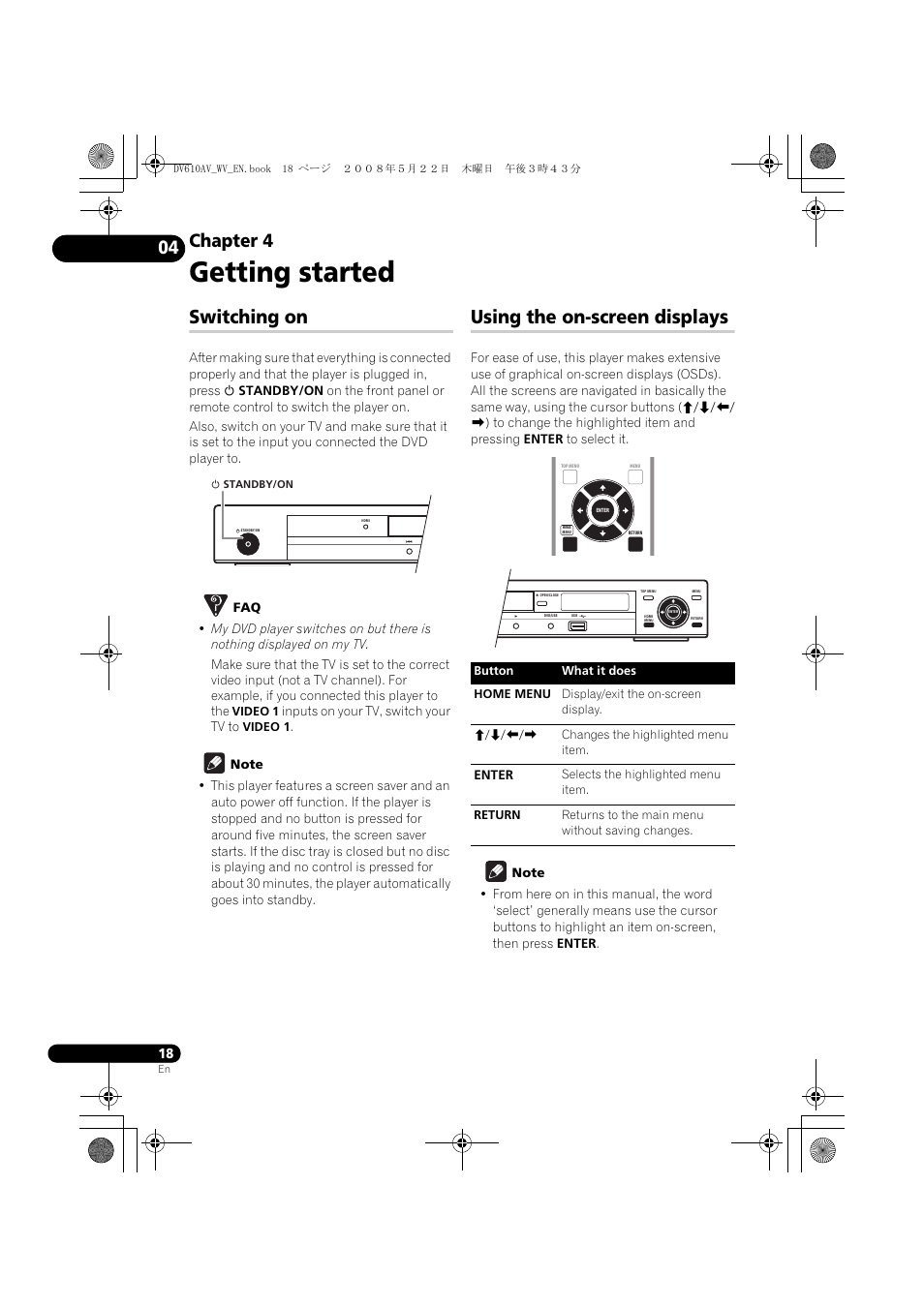 Switching on, Using the on-screen displays, Getting started | Chapter 4 | Pioneer DV-610AV-S User Manual | Page 18 / 62