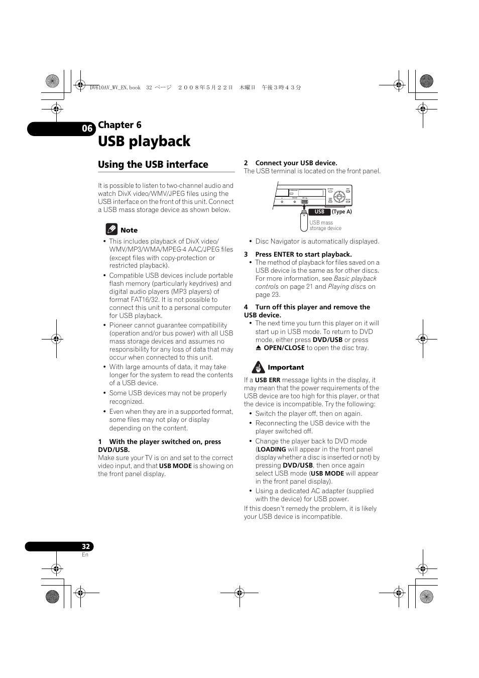 Using the usb interface, Usb playback, Chapter 6 | Pioneer DV-610AV-S User Manual | Page 32 / 62