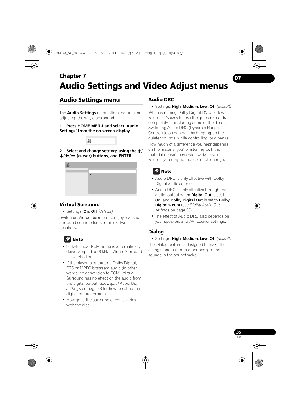 Audio settings menu, Audio settings and video adjust menus, Chapter 7 | Pioneer DV-610AV-S User Manual | Page 35 / 62