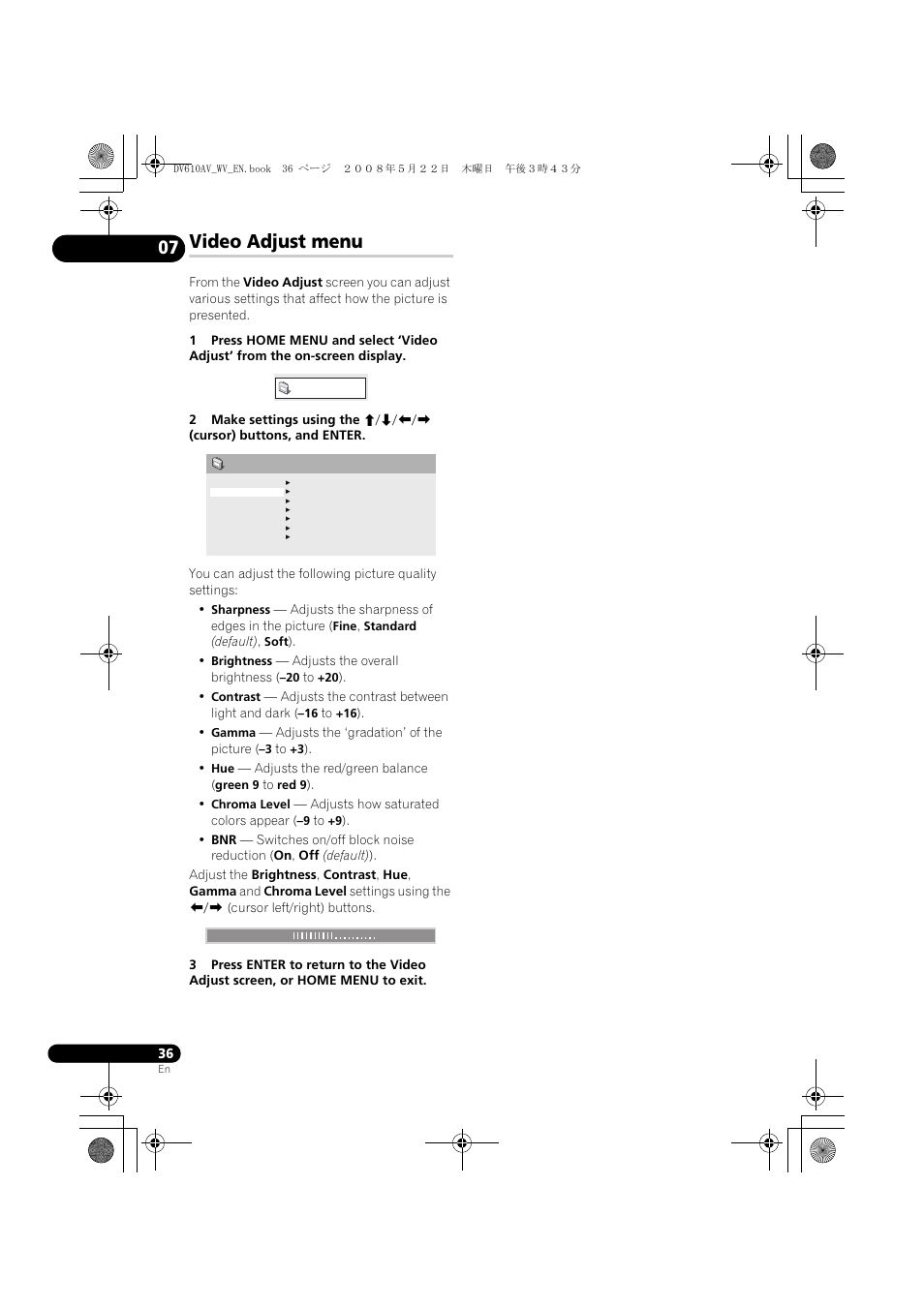 Video adjust menu | Pioneer DV-610AV-S User Manual | Page 36 / 62