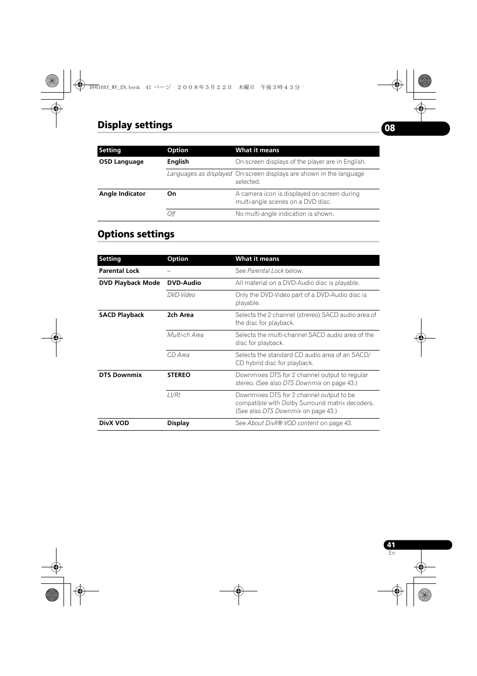 Display settings, Options settings, Display settings options settings | Pioneer DV-610AV-S User Manual | Page 41 / 62