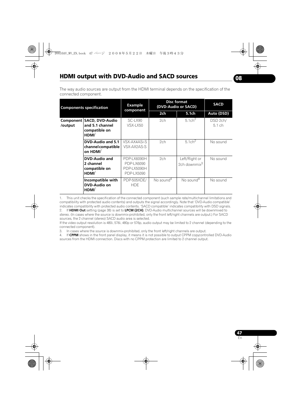 Hdmi output with dvd-audio and sacd sources | Pioneer DV-610AV-S User Manual | Page 47 / 62